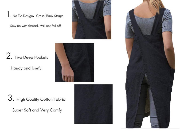 Larmliss Womenâ€™s Pinafore Square Apron Baking Cooking Gardening Works Cross Back Cotton/Linen Blend Dress with 2 Pockets - Image 3